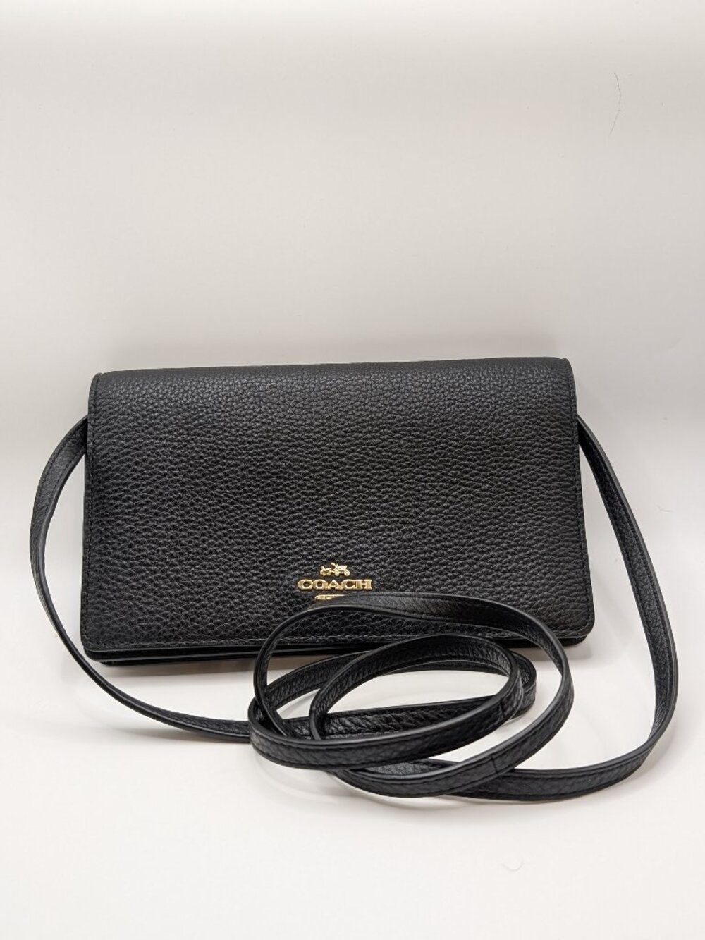 Coach Anna Foldover Clutch Crossbody F54002 Black Pebble Leather Gold HW